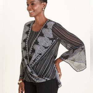 Chico's Women's Asymmetrical Blouse Black White Paisley Gold Sparkles Sheer 3